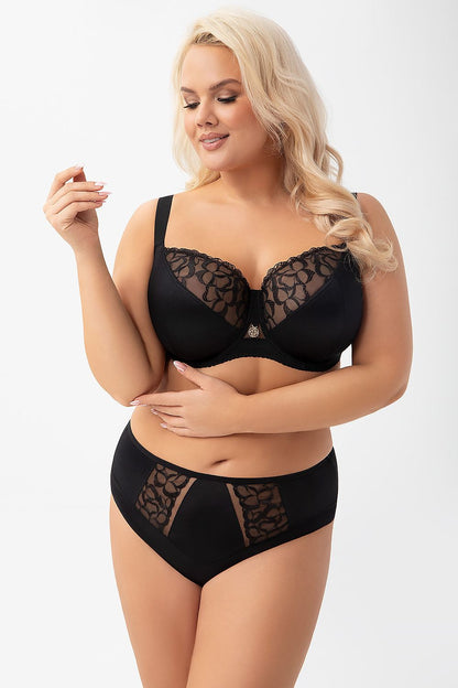 “Side view showing adjustable straps and natural bust shaping”
