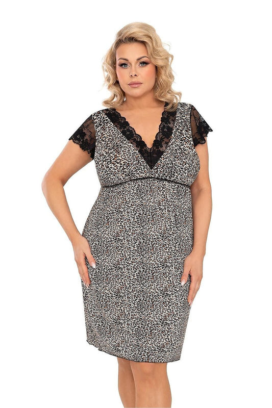 “Plus size model wearing printed nightshirt with lace V-neck, short lace sleeves and mesh hem”