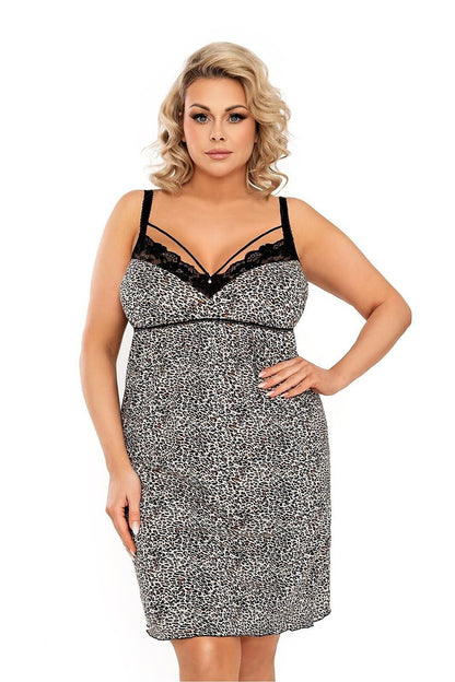 “Plus size model wearing printed nightshirt with V-neck and lace trim, front view”