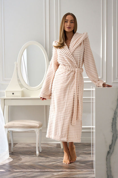 Quilted women’s bathrobe with hood, long sleeves, and waist tie