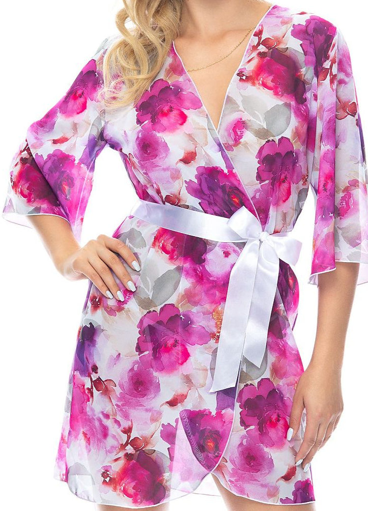 Plus size woman wearing lightweight printed chiffon dressing gown with belt