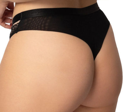 Curvy woman wearing elegant Zoya black lace plus size strings