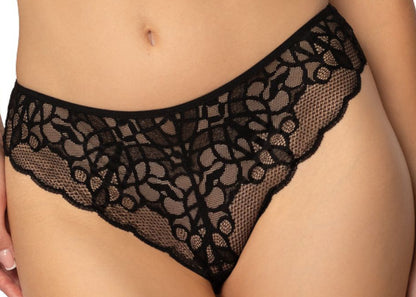 Plus size Venice black lace thong with wavy edges and low-rise design