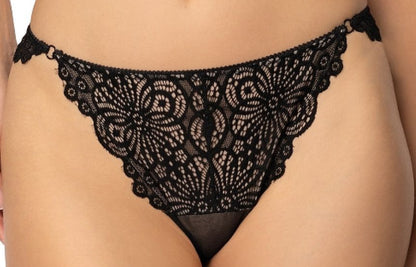 Close-up of delicate lace details on black Aura thongs