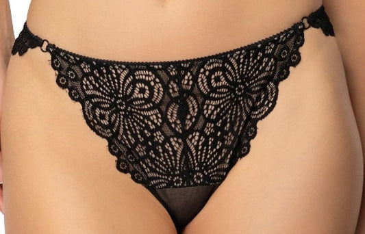 Close-up of delicate lace details on black Aura thongs