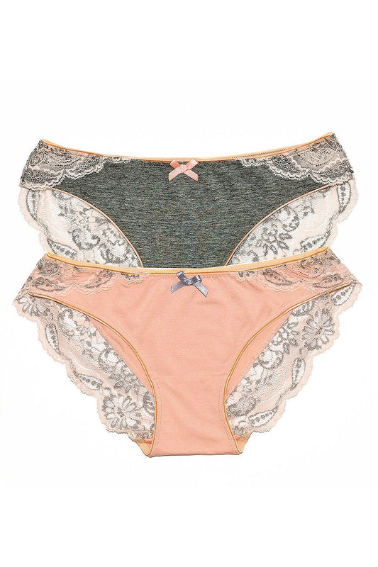 Plus size Brazilian panties set L–6XL by Enfin in peach and grey with lace accents – front view.