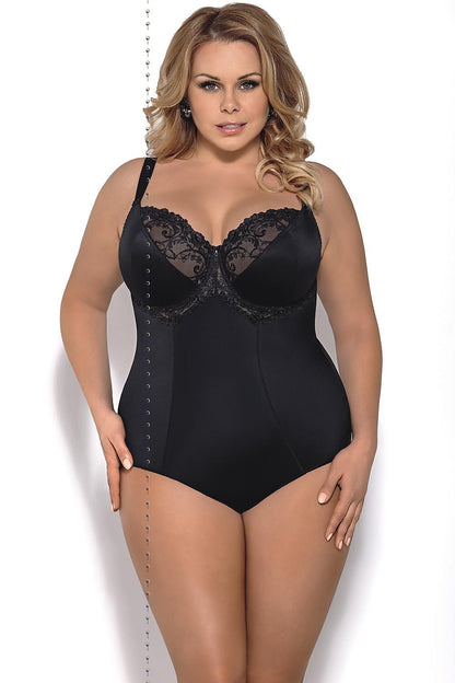 “Elegant supportive bodysuit with embroidered cups and shaping microfiber”