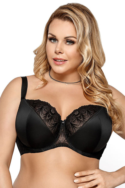 “Soft lace underwire bra with wired cups and decorative jewelry bow”