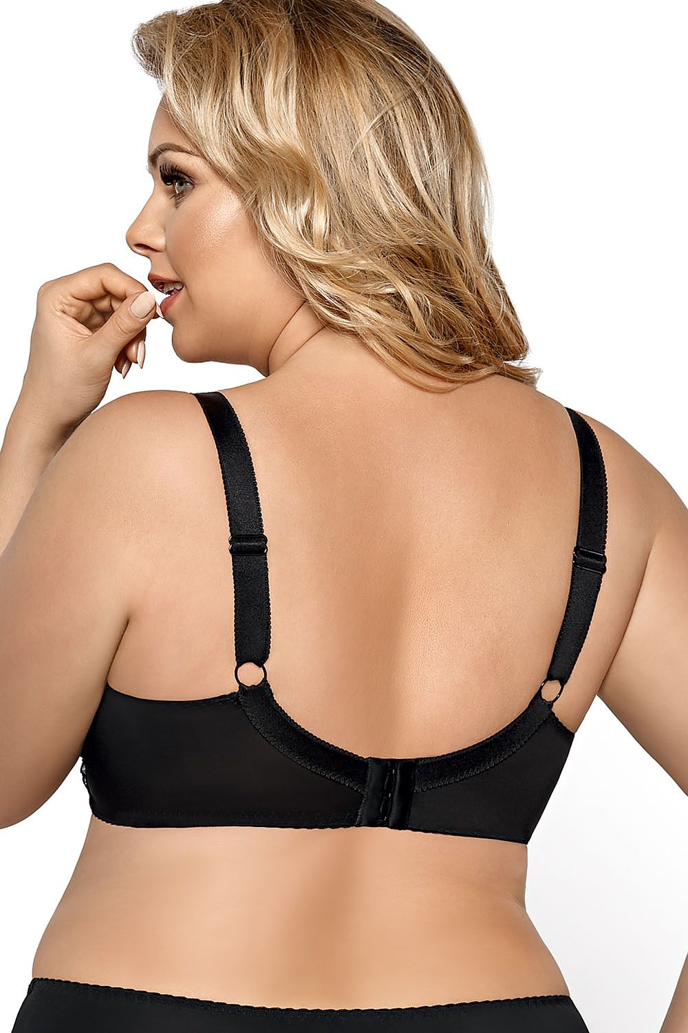 “Back view highlighting wide Lycra sides, vertical underwire, and secure fit”