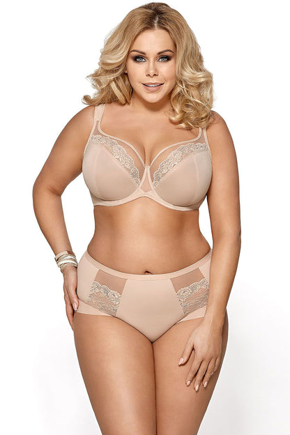 “Front view of beige bra showing wired cups and elegant lace detail”