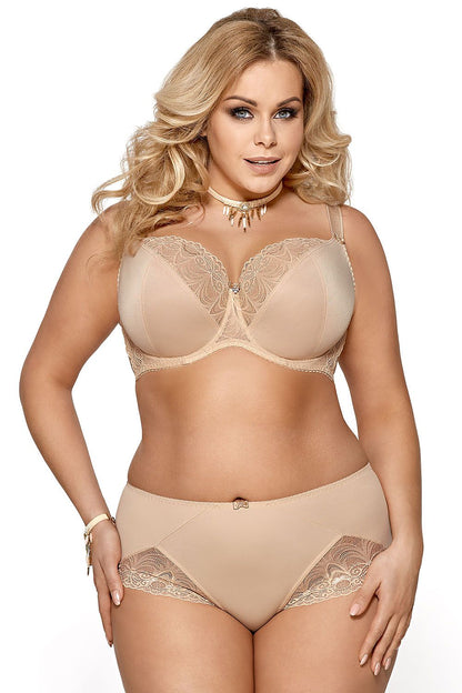 “Side view showing vertical underwires and wide Lycra panels for secure fit”