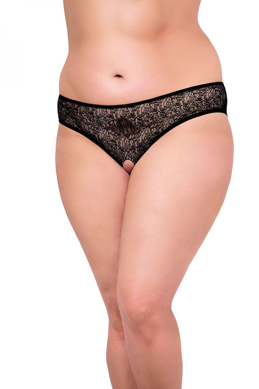 “Plus size floral lace open-crotch panties with deep cut-out back, front view”