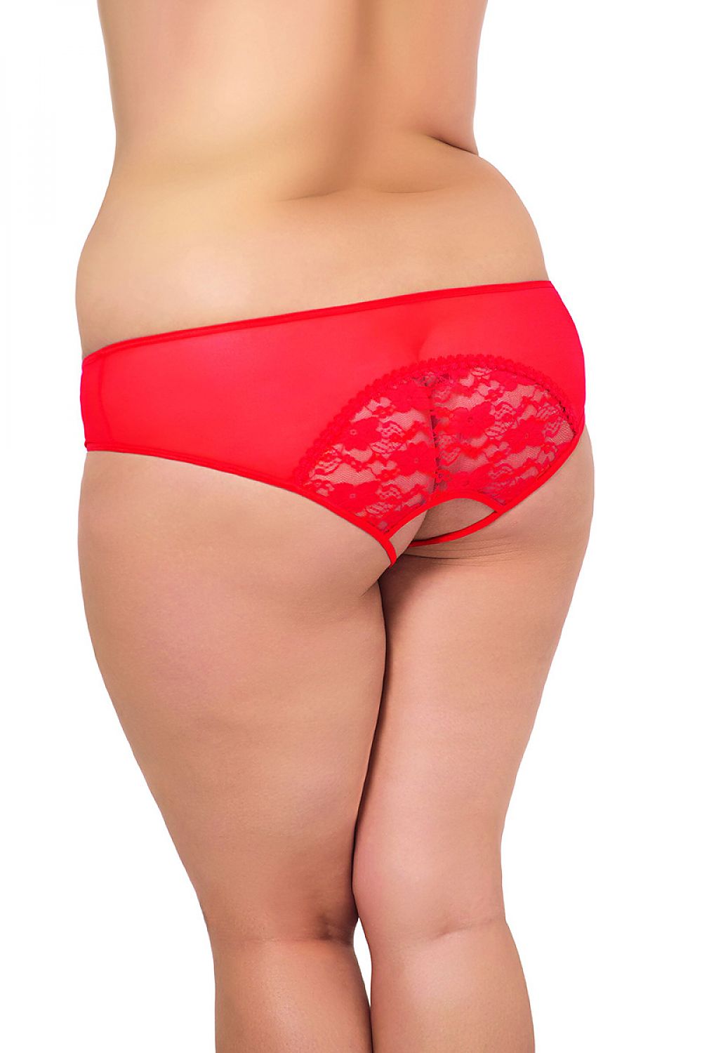 Close-up of delicate lace detailing and open crotch design