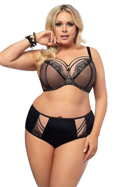 “Side view showing underwire support and side-gathering construction with double-layer tulle”