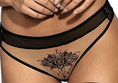 Plus size Brazilian thong with delicate motif on transparent fabric