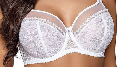 “Front view of Sensual Lace & Mesh Soft Bra with lace-covered cups and decorative bow”