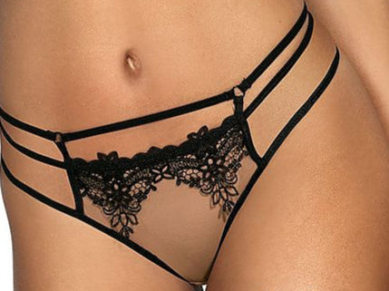 Plus size thong in transparent beige tulle with black lace and straps