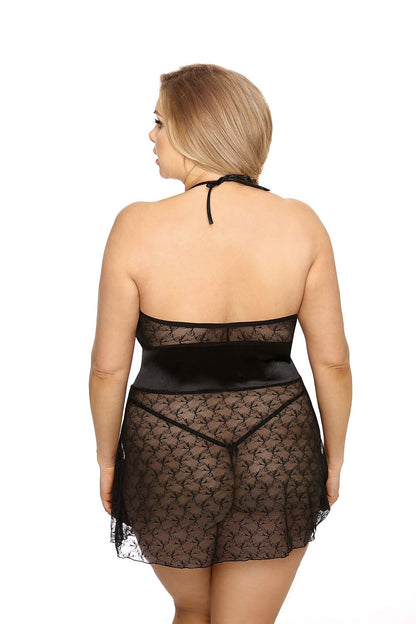 “Front view of elegant chemise with tied neck straps and included thong”