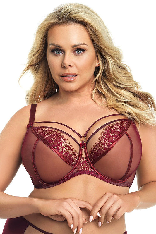 “Front view of burgundy Paradise K496 bra showing double mesh tulle cups”