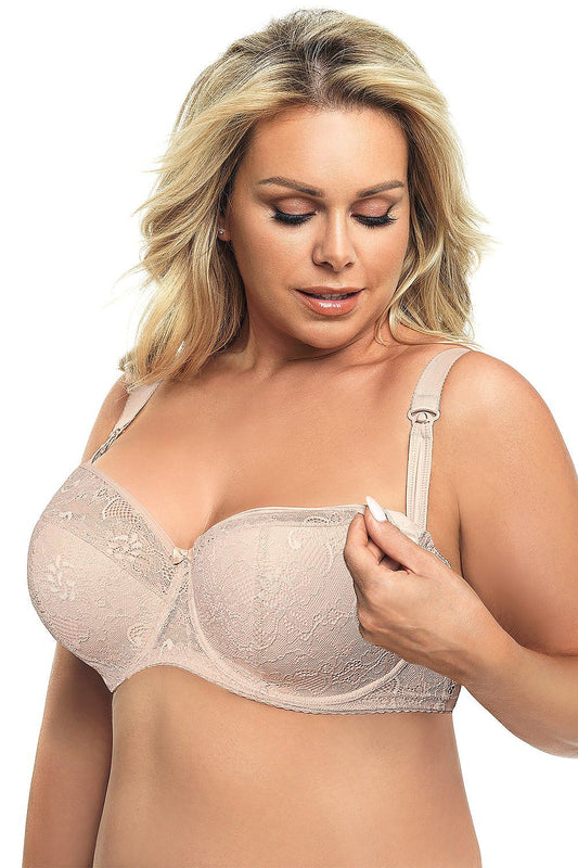 Beige semi-padded underwired nursing bra with floral lace cups