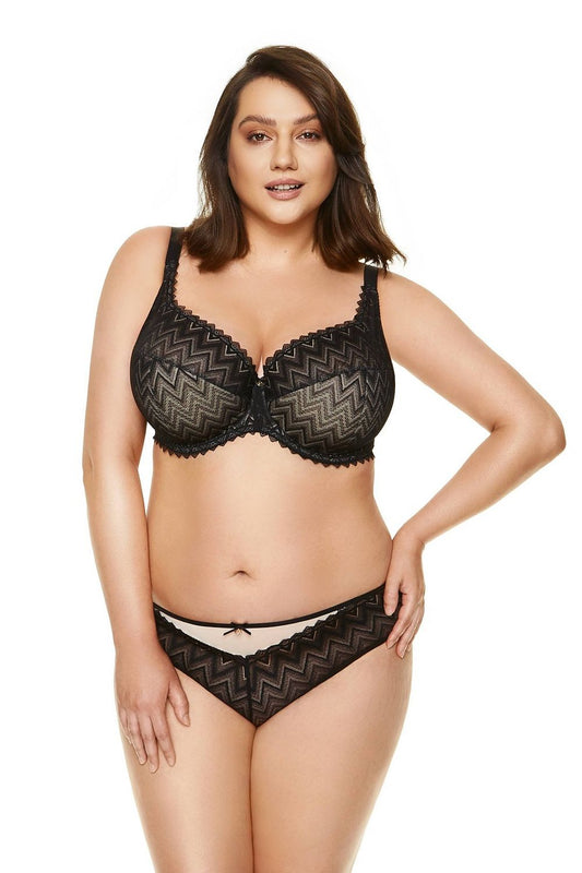 “Geometric Elegance semi-padded bra with lace cups and decorative detail, front view”