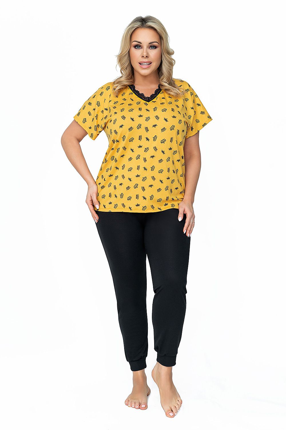 “Pajamas Queen plus size set with lace-trimmed patterned blouse and smooth long trousers, front view”