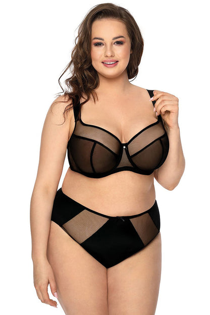 “Close up of sheer tulle cups and zirconia bow detail on Aggie soft bra”