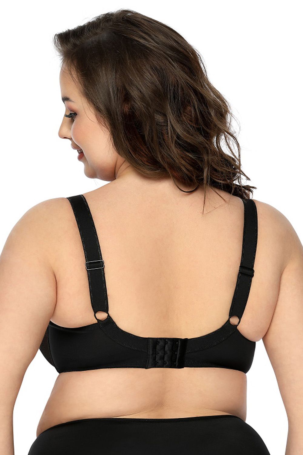 “Back view of Aggie soft bra showing lycra knit back and hook closure”
