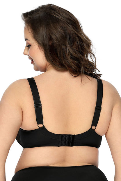 “Back view of Aggie soft bra showing lycra knit back and hook closure”