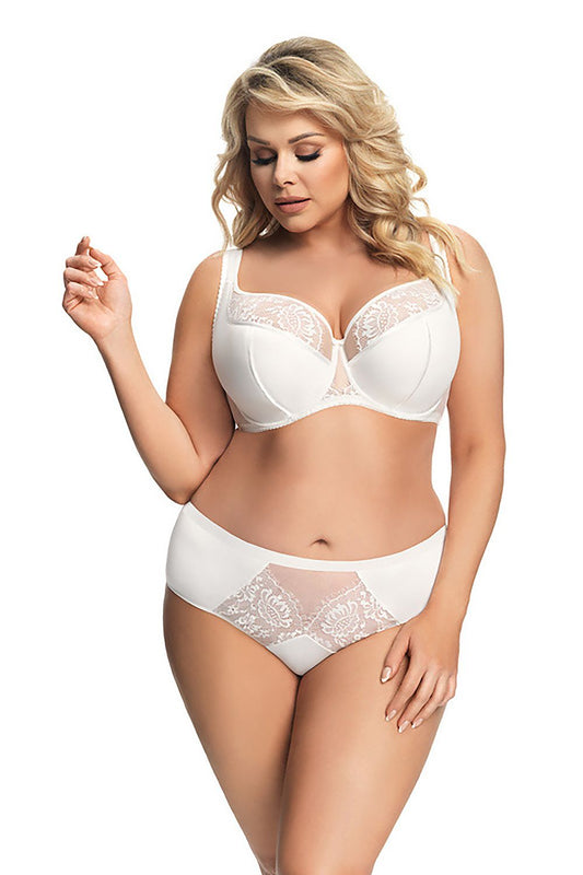 “Front view of Gorsenia cream semi-soft bra with lace trim and satin piping”