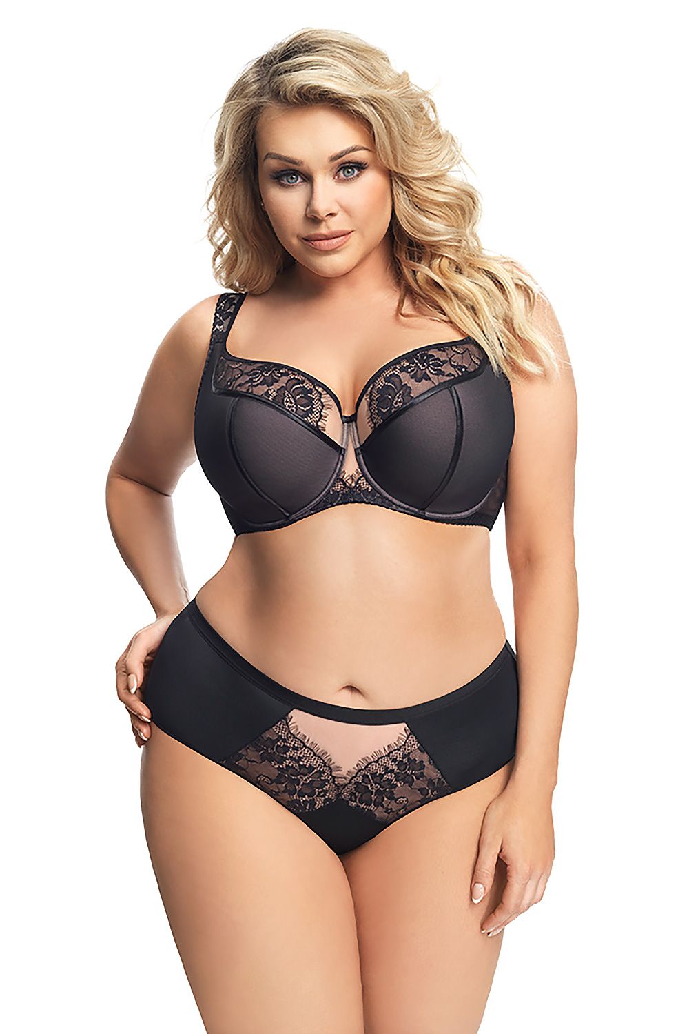 “Front view of Gorsenia black semi-soft bra with lace trim and satin piping”