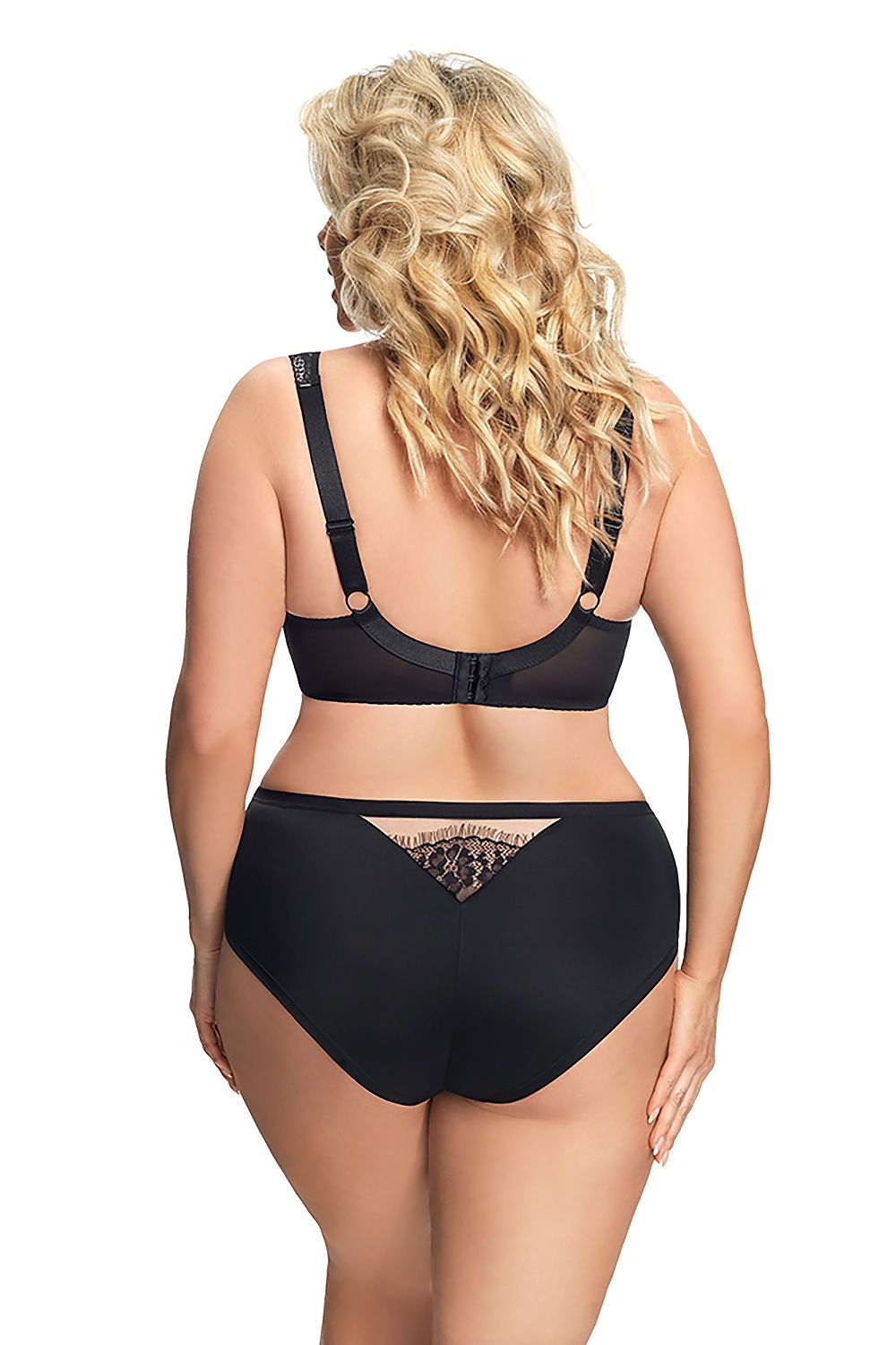 “Close-up of smooth cups and subtle lace detail on black bra”