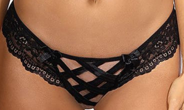 Plus size black and beige strappy thong with cross back design