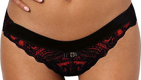 Plus size V-10048 red tulle thong with black flocked lace