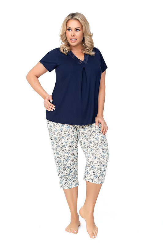 “Blossom Dream plus size pajama set with lace-trimmed blouse and floral pants, front view”