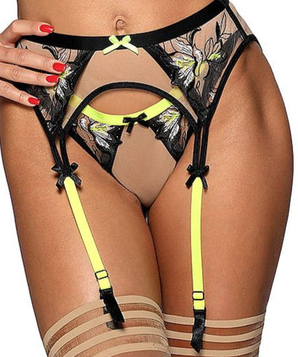 Plus size black and white embroidered garter belt with neon yellow accents