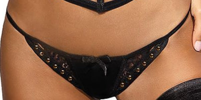 Plus size black thong with gold studs and lace trim