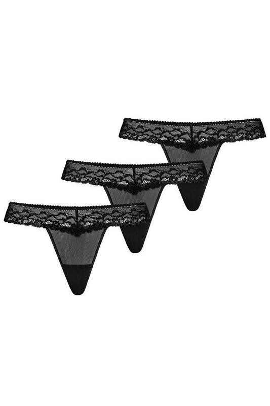 Plus size black mesh thongs 3-pack L–6XL – front view with floral lace detail.