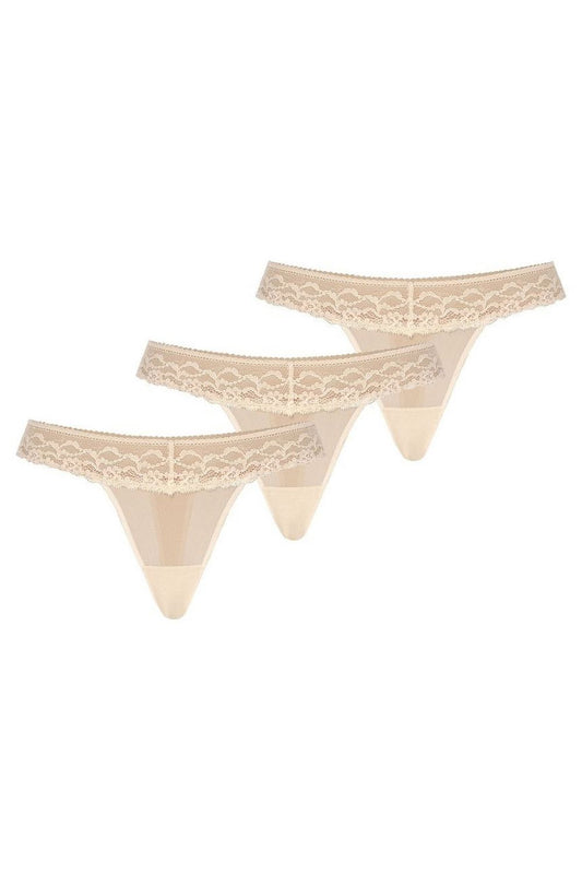 Plus size beige lace thongs 3-pack L–6XL – front view with floral lace detail.