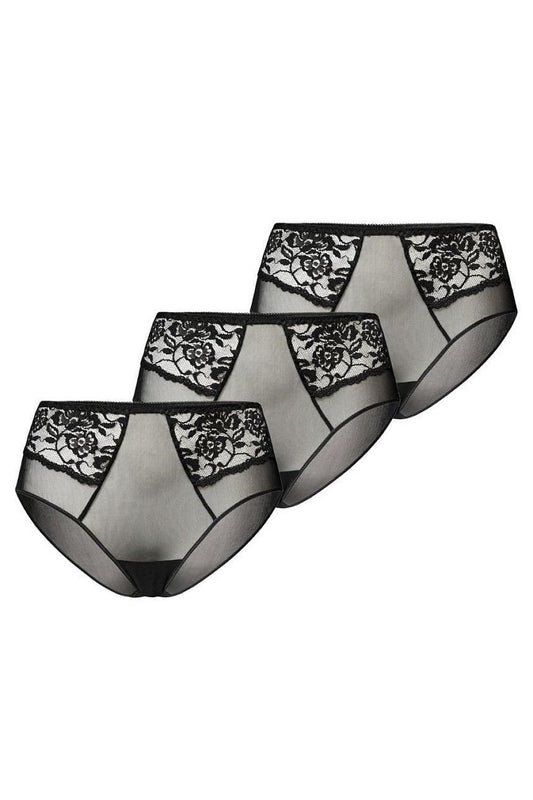 Plus size black Vida high-waisted mesh panties L–6XL – front view showing floral lace and diagonal cuts.