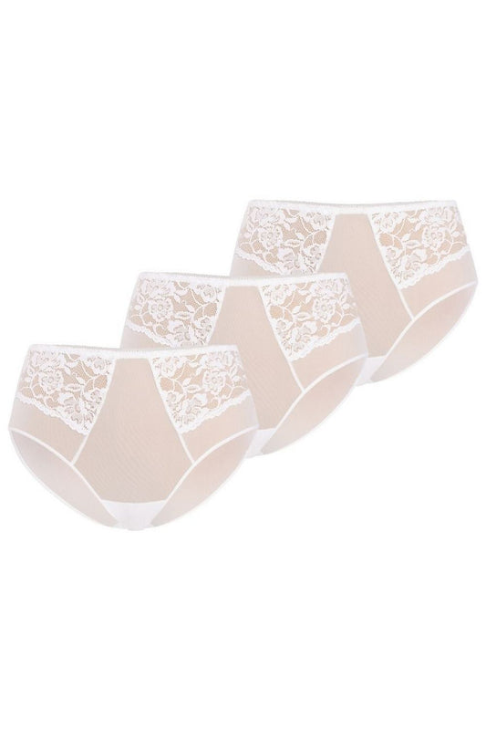 Plus size white Vida high-waisted mesh panties L–6XL – front view showing lace rose motif and diagonal cuts.