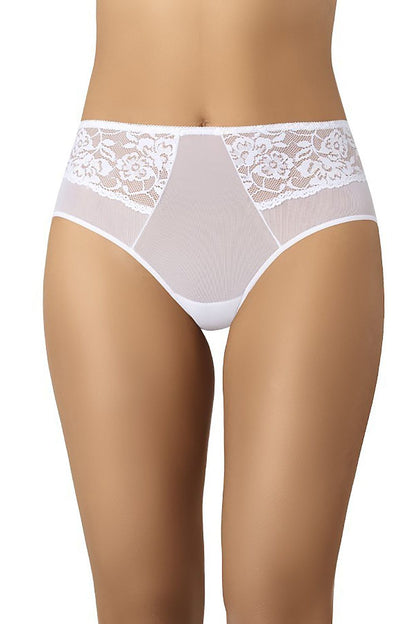 White high-waisted mesh panties – side view highlighting built-up back and elastic waistband.