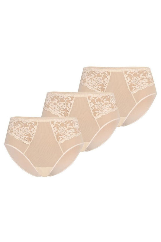 Plus size beige high-waisted mesh panties L–6XL – front view showing floral lace detail.