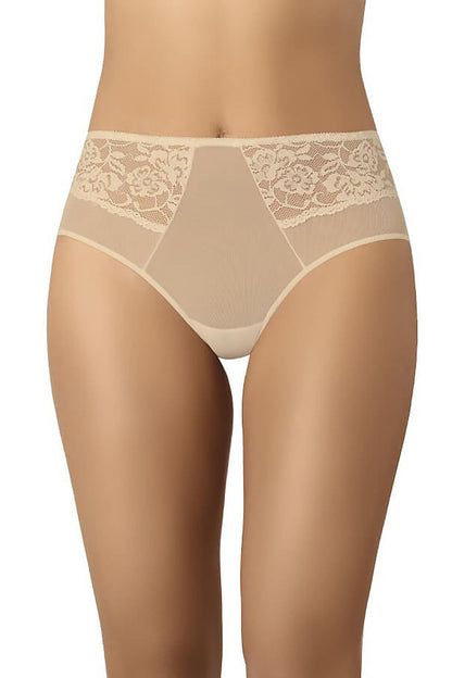 Beige high-waisted mesh panties – side view highlighting elastic waistband and breathable fabric.