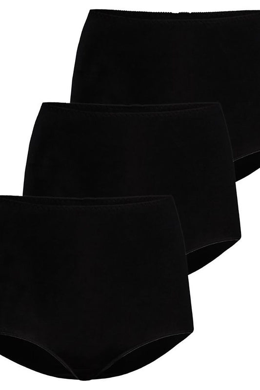 Set of 3 plus size black high-waisted cotton panties L–6XL – front view.