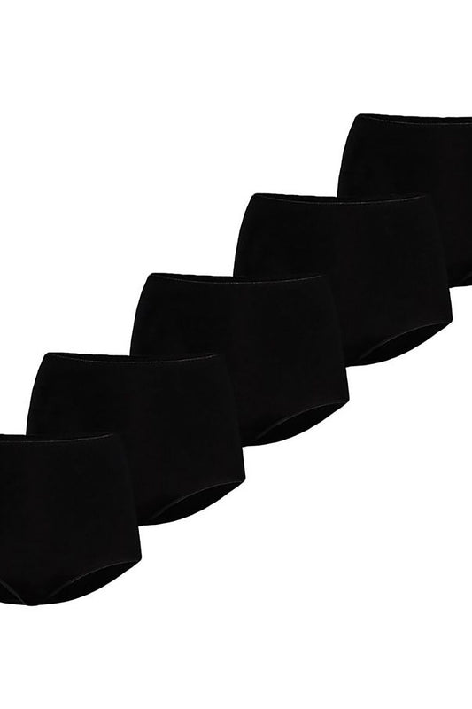 Set of 5 black high-waisted cotton panties – multi-pack front view.