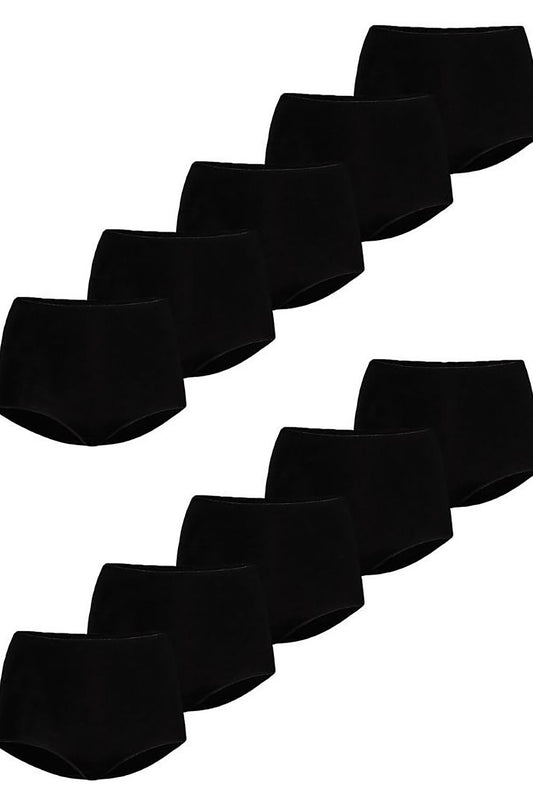Set of 10 high-waisted black cotton panties – multi-pack front view.