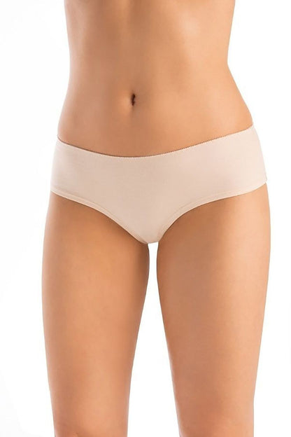 Beige bamboo Brazilian panties – side view highlighting elastic waistband and breathable design.