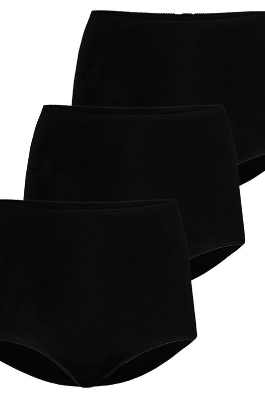 “Front view of high-waisted bamboo panties in black, set of three”