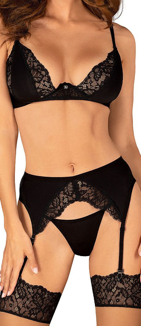 Bellastia black lace bra with garter belt and thong